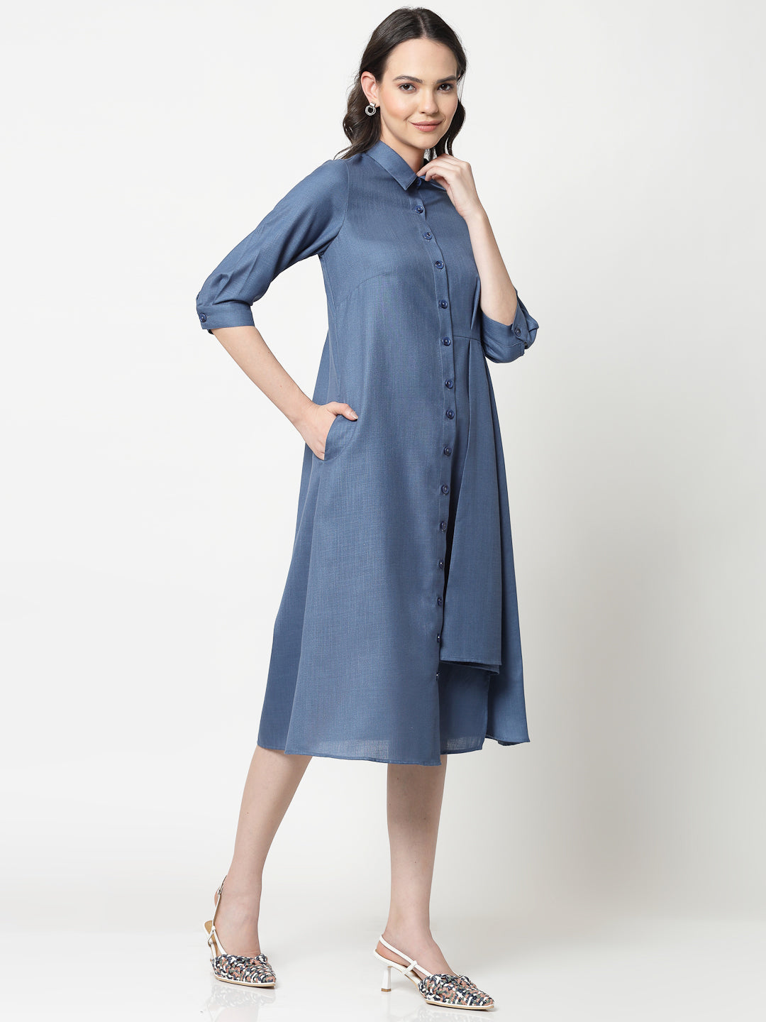 Dark Blue Cotton Pleated Long Dress
