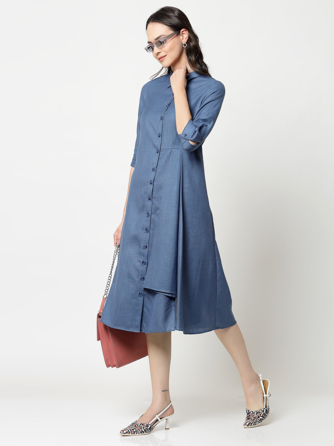 Dark Blue Cotton Pleated Long Dress