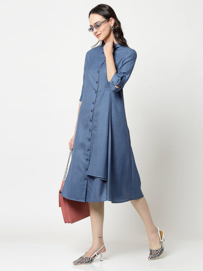 Dark Blue Cotton Pleated Long Dress