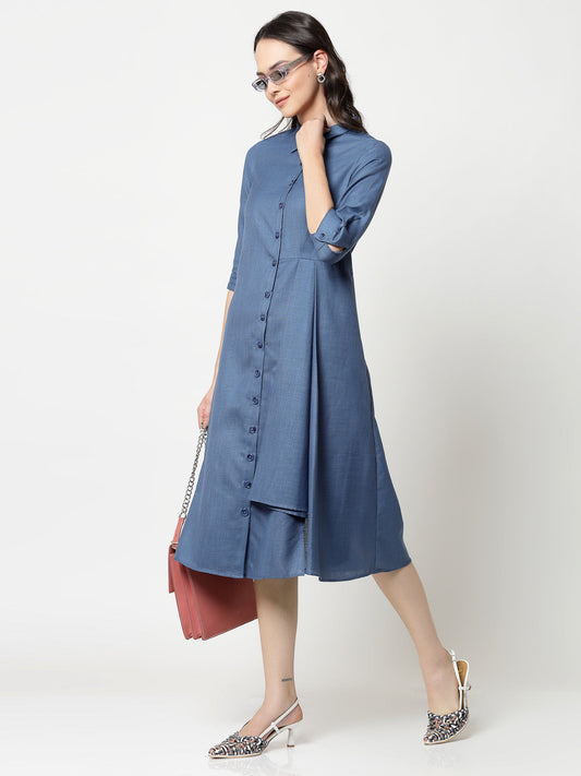 Dark Blue Cotton Pleated Long Dress