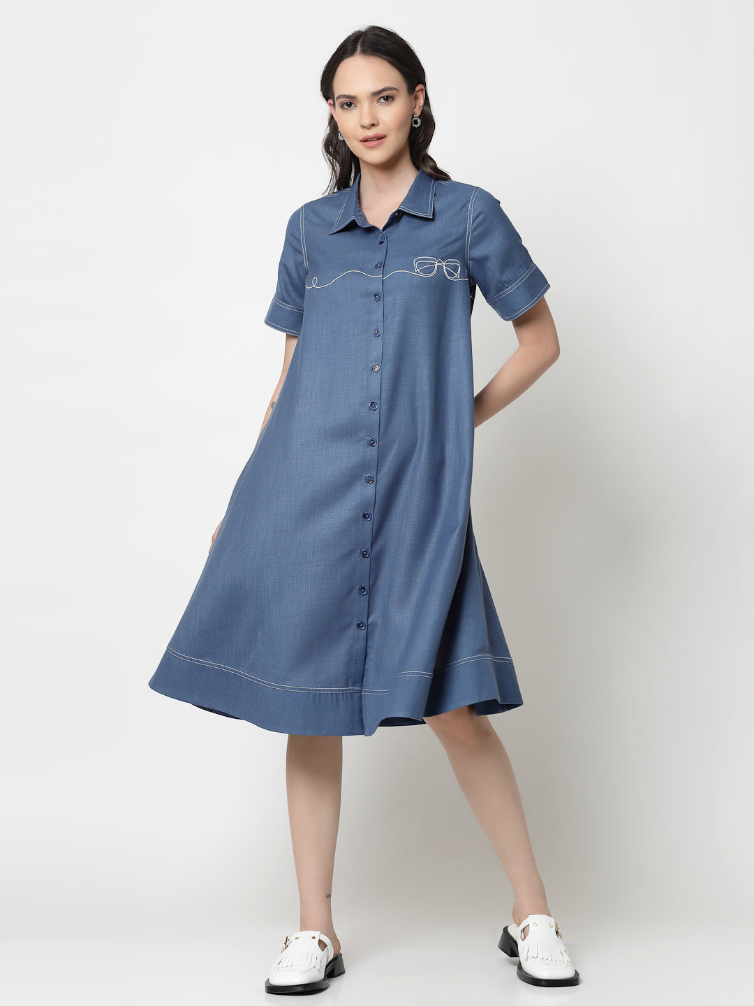 Dark Blue Dress With Embroidered Spectacles