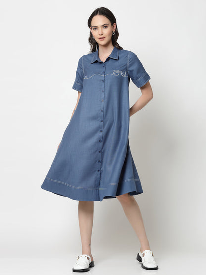 Dark Blue Dress With Embroidered Spectacles