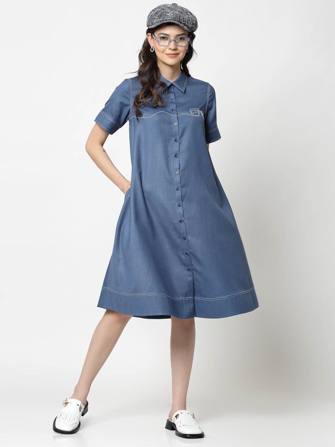 Dark Blue Dress With Embroidered Spectacles