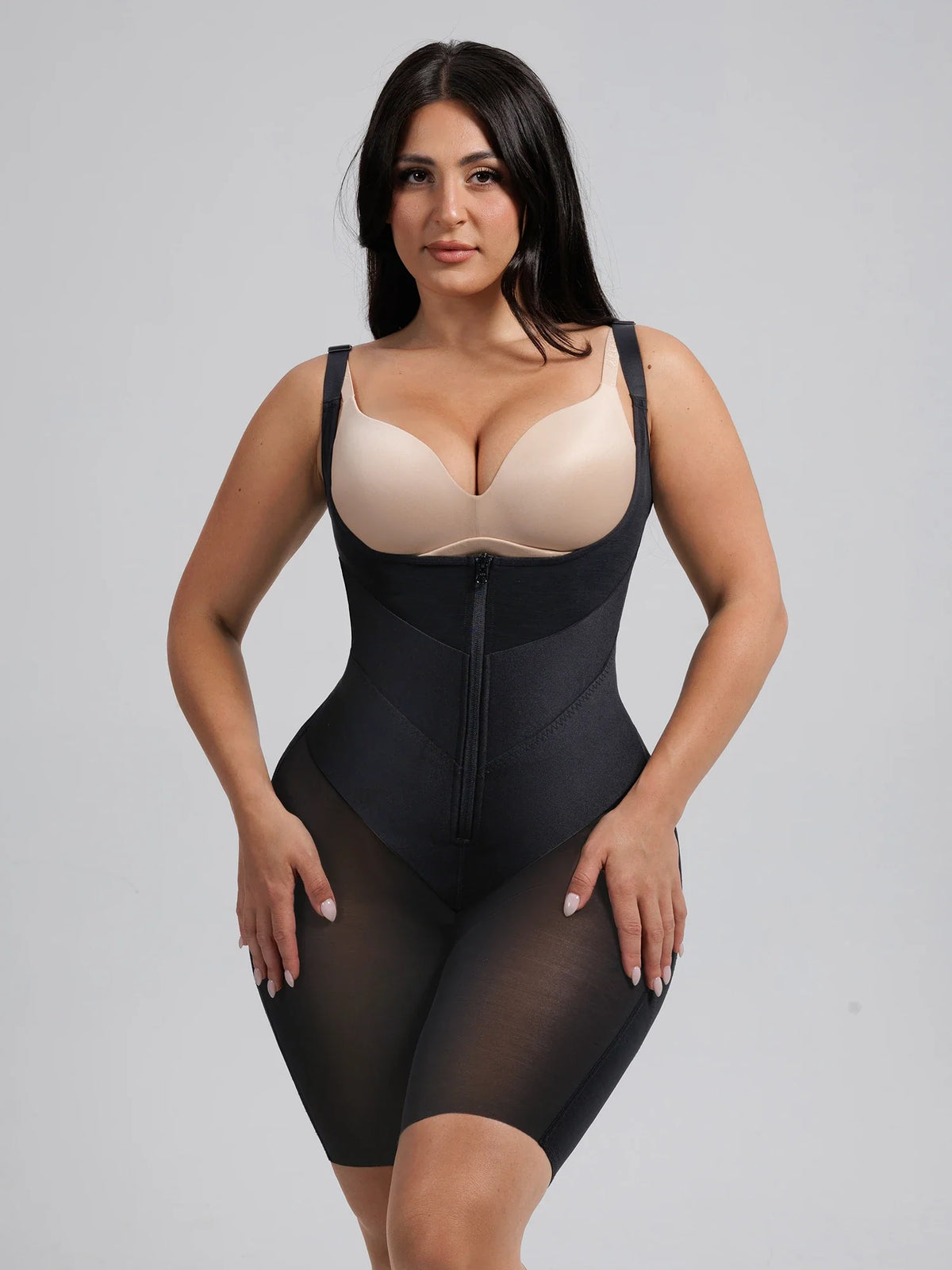 Double V compression bodysuit with tummy control, butt lifting, front zipper closure, and seamless boyshort design for all-day sculpting comfort.