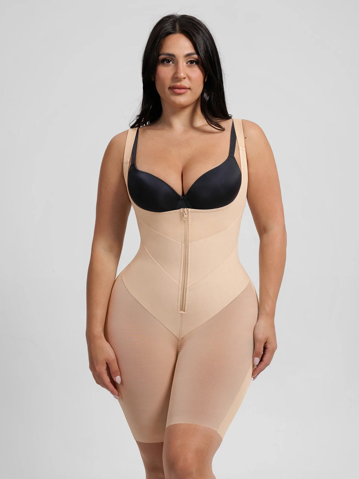 Double V compression bodysuit with tummy control, butt lifting, front zipper closure, and seamless boyshort design for all-day sculpting comfort.