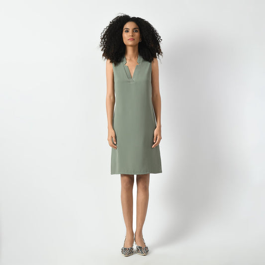 Dusty Green Sleeveless V Neck Dress