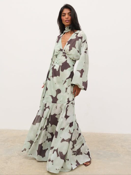 Petula Batwing Scarf Maxi Dress - Mint Watercolour Floral
