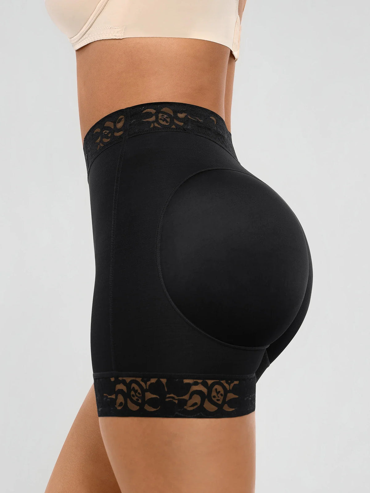 Feelingirl-High-Waist-Tummy-Control-with-Lace-Trim-&-Anti-Roll-Waistband-Body-Shaper-Shorts-Black