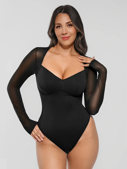 Mesh Panel V-Neck Bodysuit
