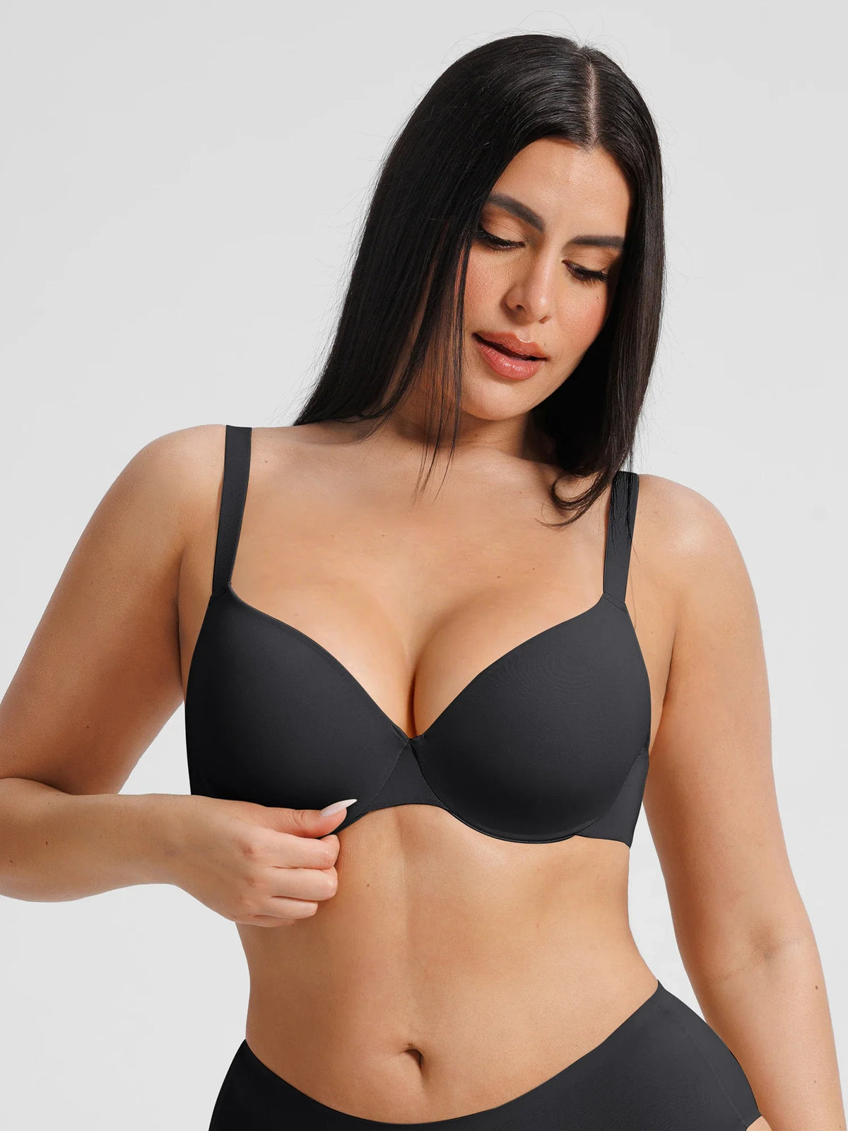 Close-up of the black 3/4 demi cup bra made from buttery-soft cloud-stretch fabric with supportive underwire for stay-put stability.