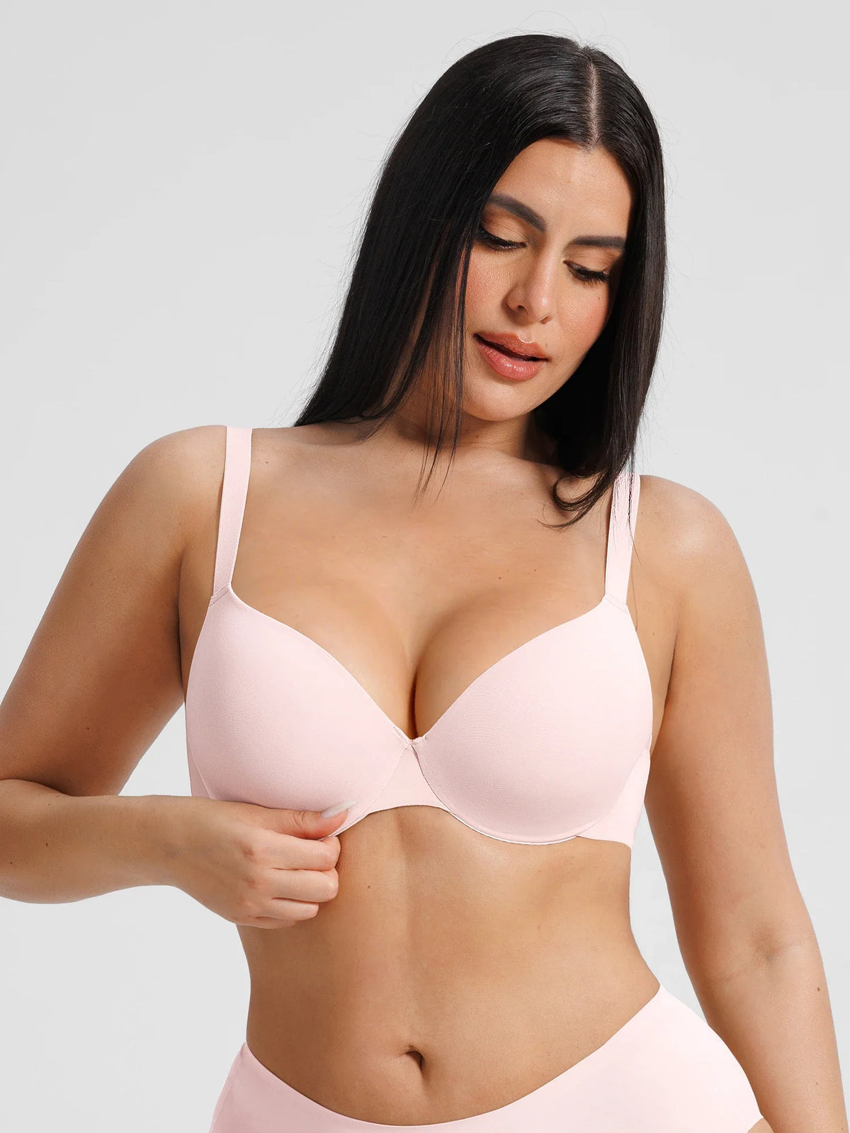 Close-up of the pink 3/4 demi cup bra made from buttery-soft cloud-stretch fabric with supportive underwire for stay-put stability.