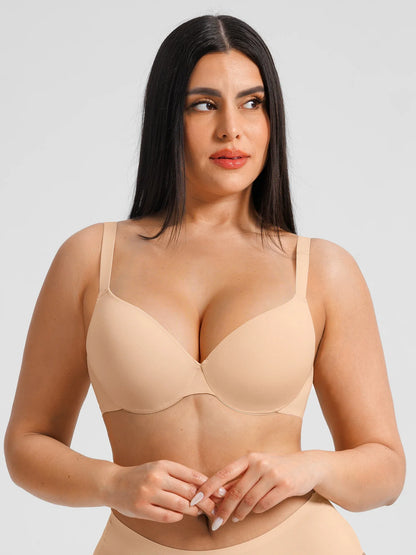Front view of a black intelligent push-up black bra featuring a naturally lifted silhouette and invisible finish under clothing.