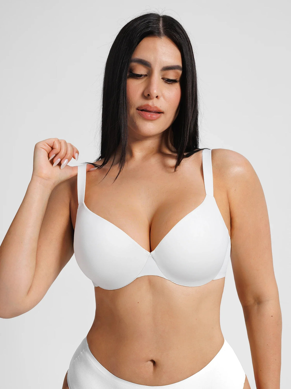 Close-up of the black 3/4 demi cup white bra made from buttery-soft cloud-stretch fabric with supportive underwire for stay-put stability.