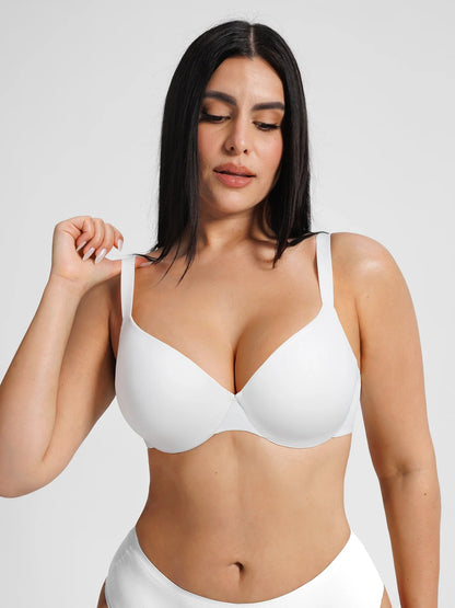 Close-up of the black 3/4 demi cup white bra made from buttery-soft cloud-stretch fabric with supportive underwire for stay-put stability.