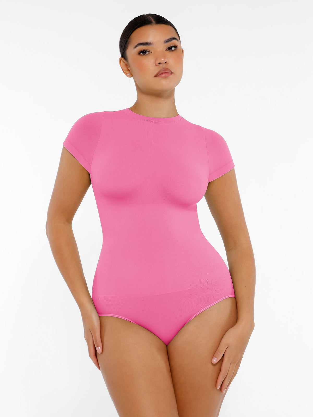 Feelingirl-SeamlessButtery-Soft Tummy-Control High-Waisted Shaping Hip Bodysuit with Easy-Closure -Pink