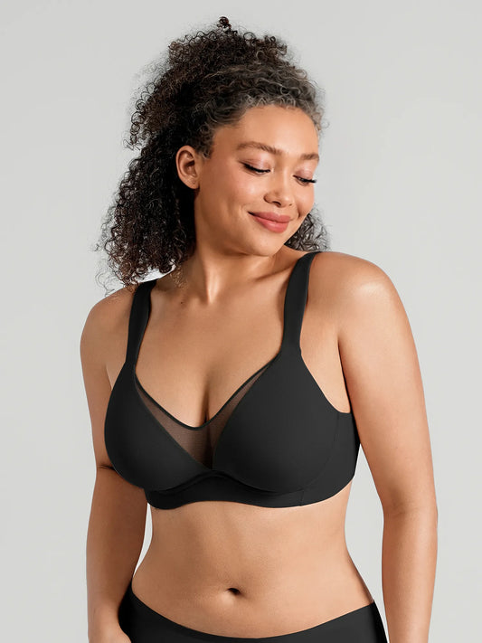 Feelingirl Women's Seamless Deep V-Neck Bra, Underwire Comfortable Plunge Bralette with Mesh Detail, Everyday Support - Black