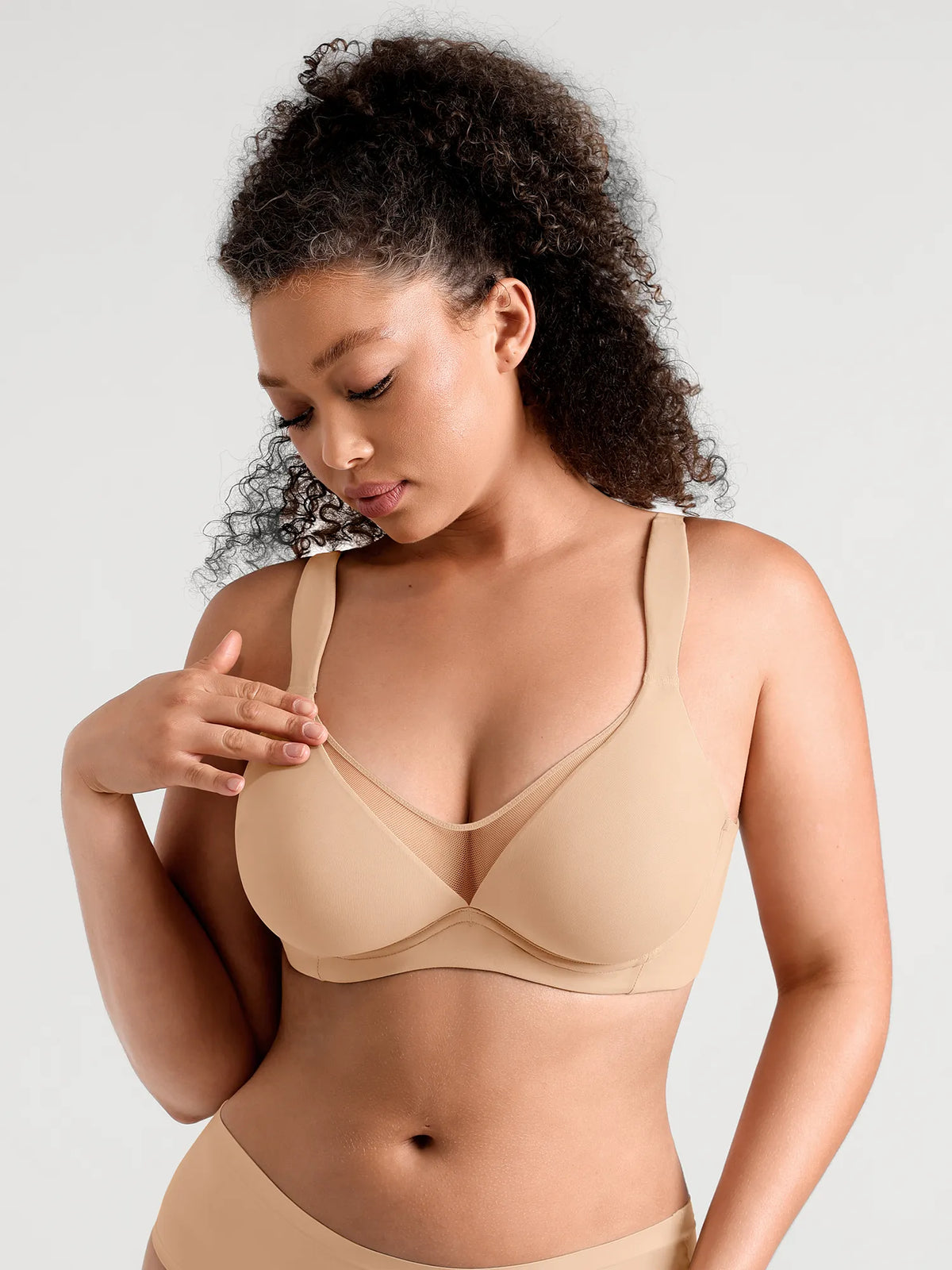 Feelingirl Women's Seamless Deep V-Neck Bra, Underwire Comfortable Plunge Bralette with Mesh Detail, Everyday Support - Khaki