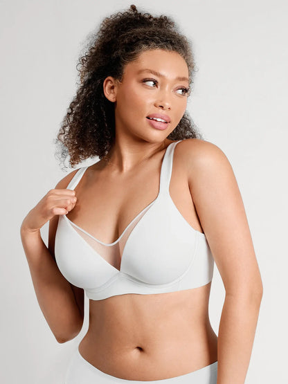 Feelingirl Women's Seamless Deep V-Neck Bra, Underwire Comfortable Plunge Bralette with Mesh Detail, Everyday Support - White