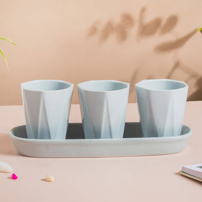 Ternion Textured Planter Set Of 3 With Plate Blue Grey