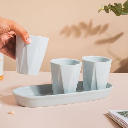 Ternion Textured Planter Set Of 3 With Plate Blue Grey