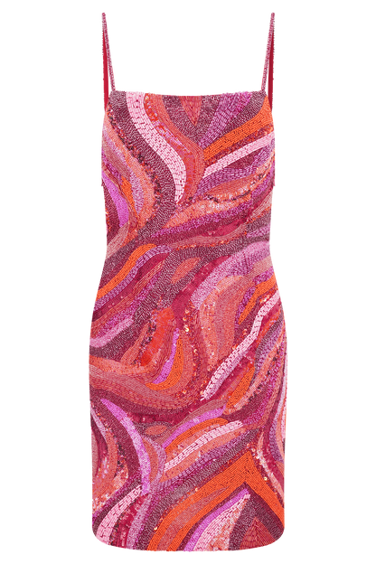Eloise Hand Beaded Mini Dress - Pink Swirl Print