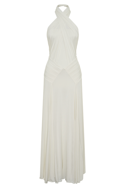 Indira Gathered Slinky Halter Maxi Dress - Ivory