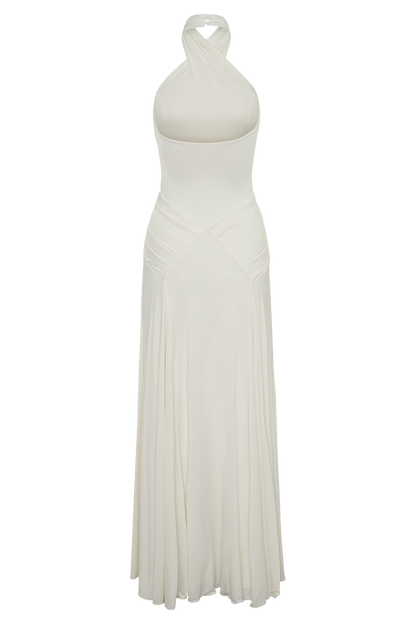 Indira Gathered Slinky Halter Maxi Dress - Ivory