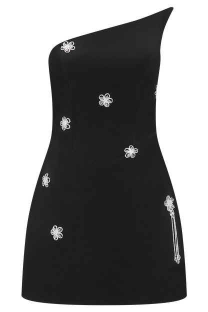 Liva Strapless Diamante Floral Trim Mini Dress - Black