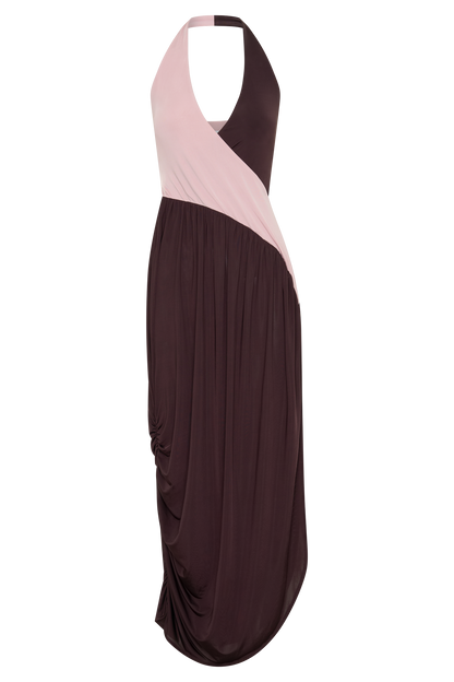Nari Halter Gathered Maxi Dress - Muted Pink/Dark Chocolate