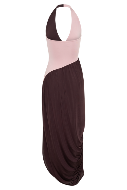 Nari Halter Gathered Maxi Dress - Muted Pink/Dark Chocolate