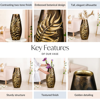 Gold Leaf Sculpted Flower Vase For Floor