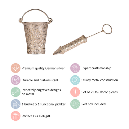 Silver Holi Mini Pichkari And Bucket Set Of 2 With Gift Box