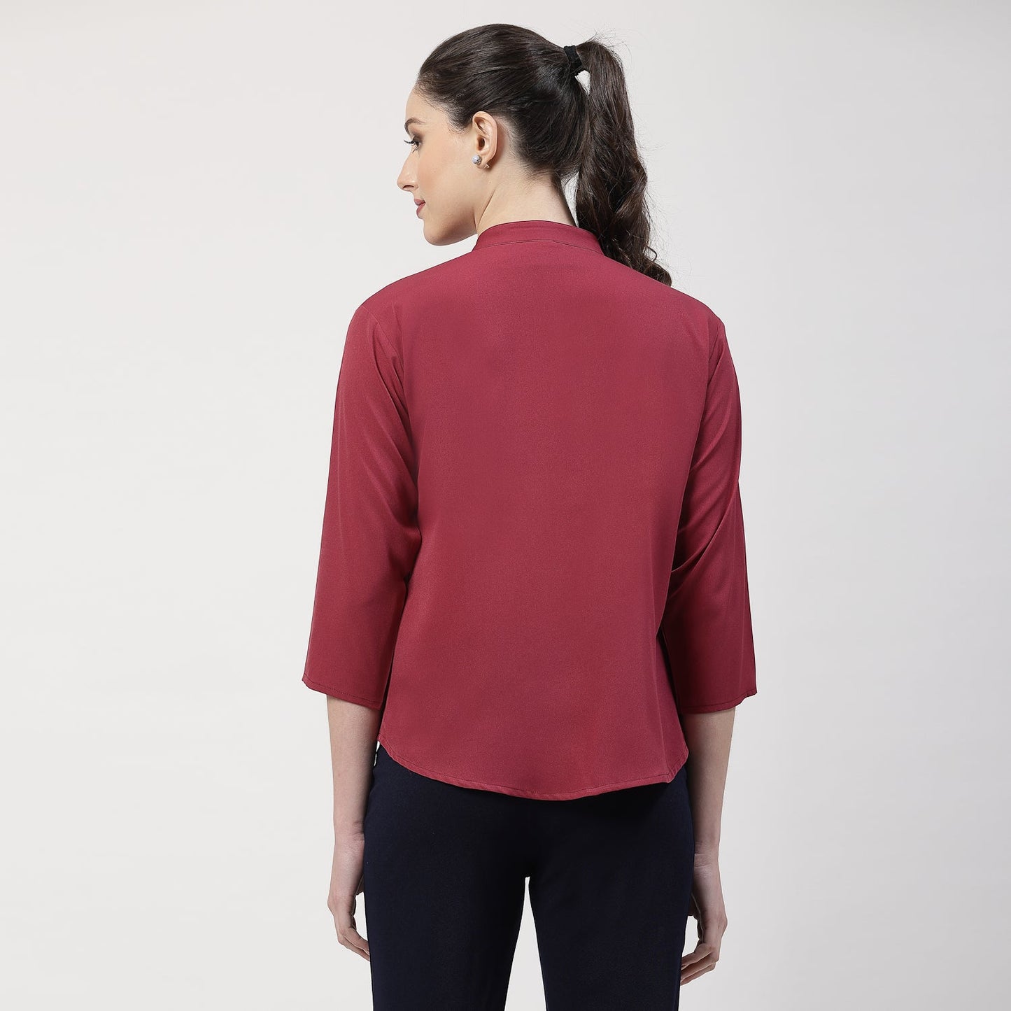 Wine Crepe Top With Mandarin Collar