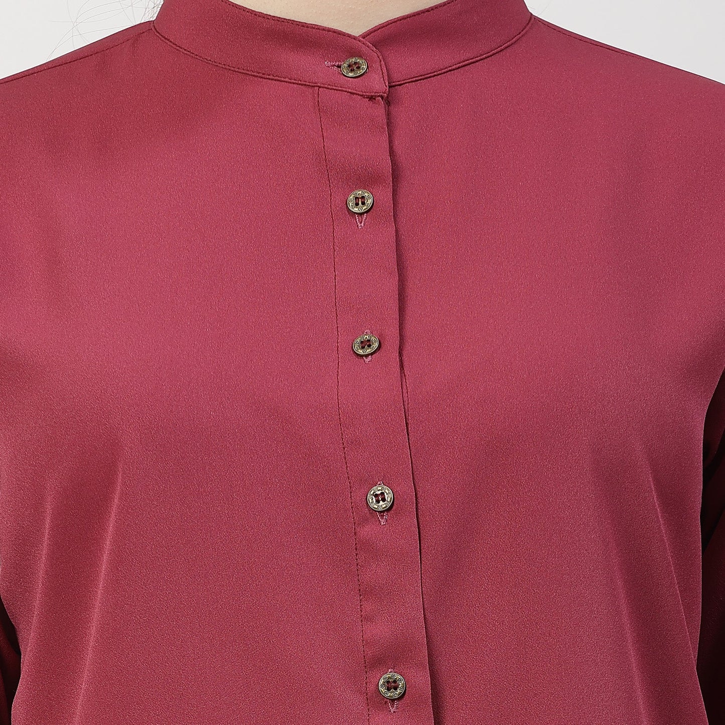 Wine Crepe Top With Mandarin Collar