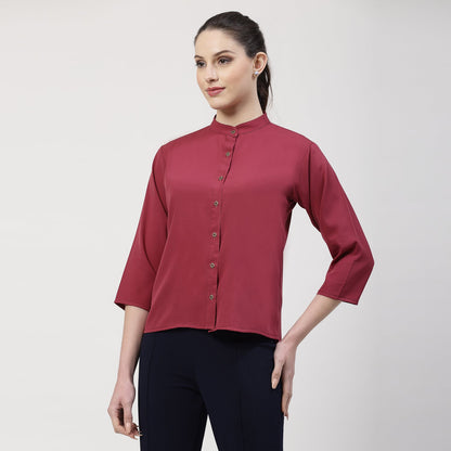 Wine Crepe Top With Mandarin Collar