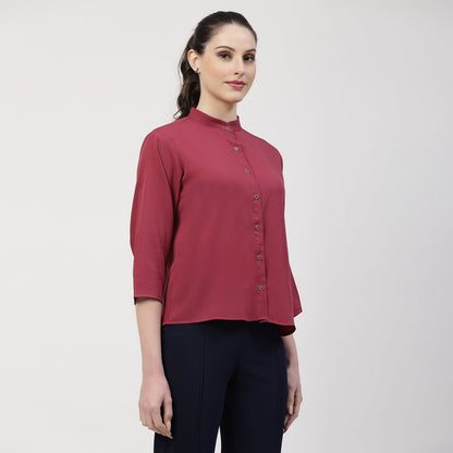 Wine Crepe Top With Mandarin Collar