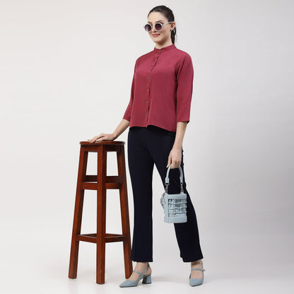Wine Crepe Top With Mandarin Collar