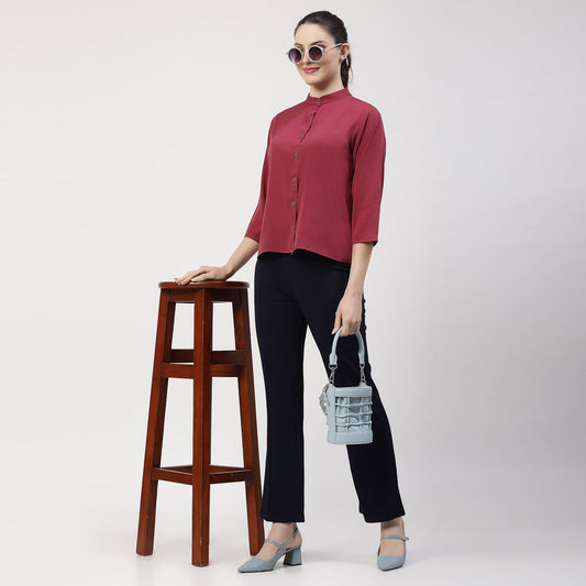 Wine Crepe Top With Mandarin Collar