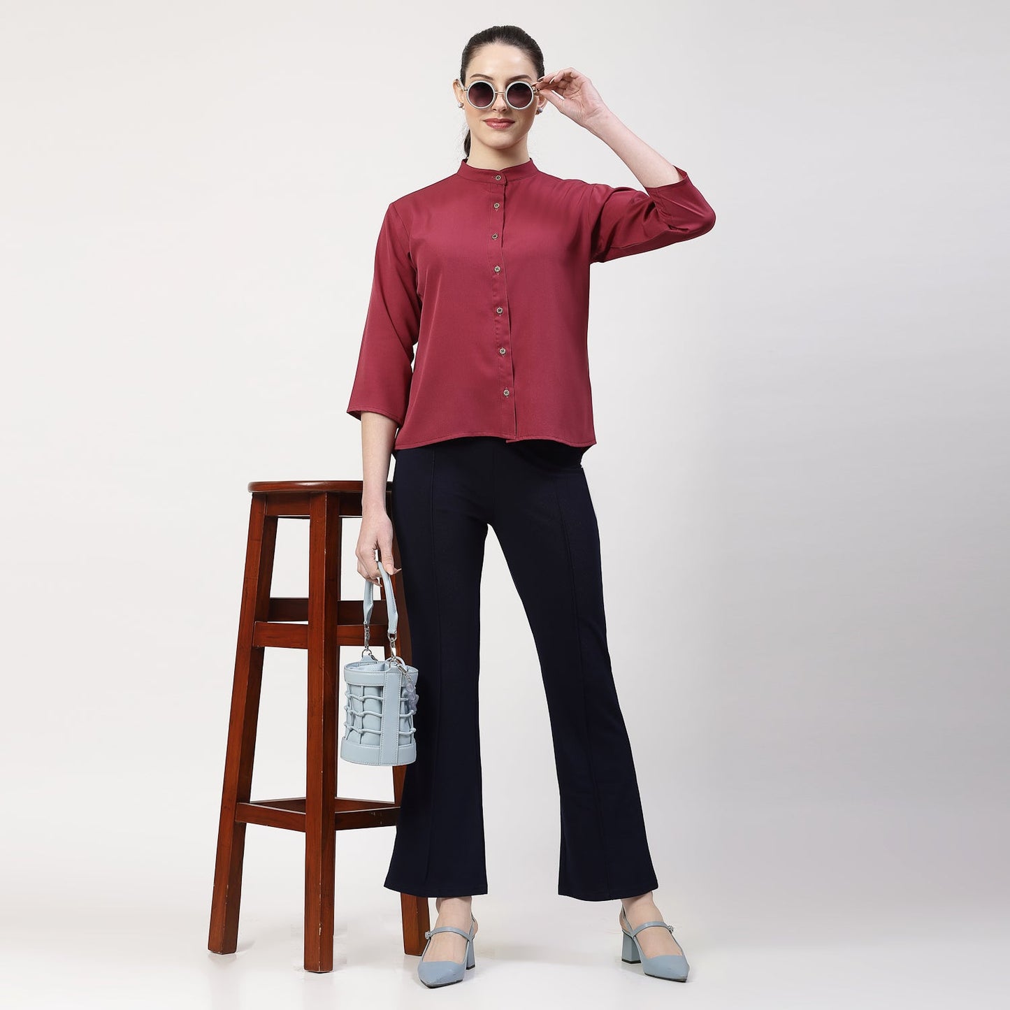 Wine Crepe Top With Mandarin Collar
