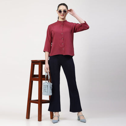 Wine Crepe Top With Mandarin Collar