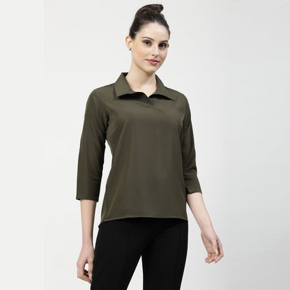 Olive V Neck Top With Collar