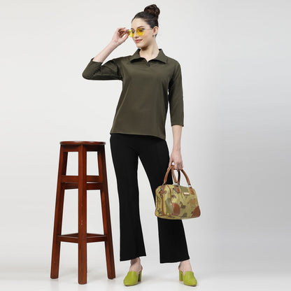 Olive V Neck Top With Collar