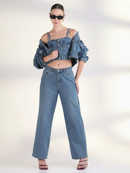 Women's Solid Blue Co-Ords Set with Jacket