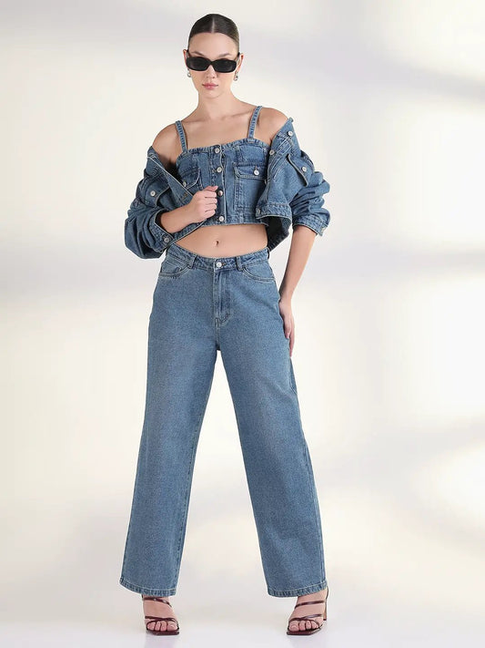 Women's Solid Blue Co-Ords Set with Jacket