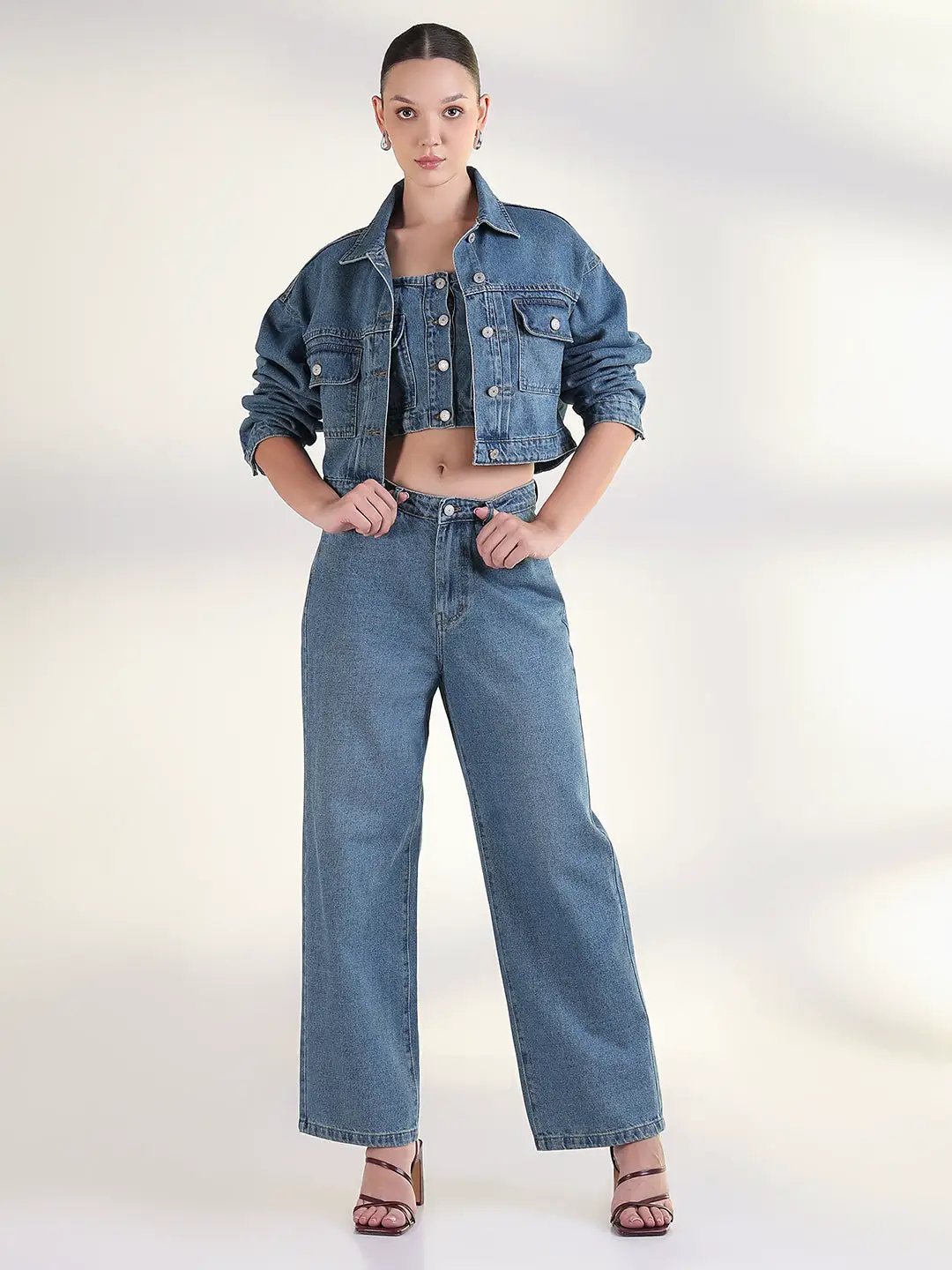 Women's Solid Blue Co-Ords Set with Jacket
