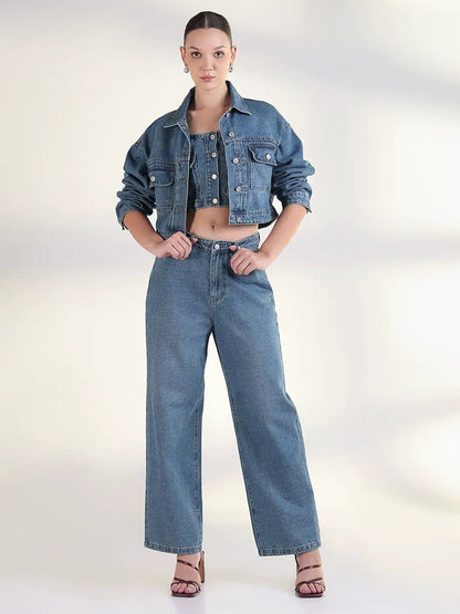 Women's Solid Blue Co-Ords Set with Jacket