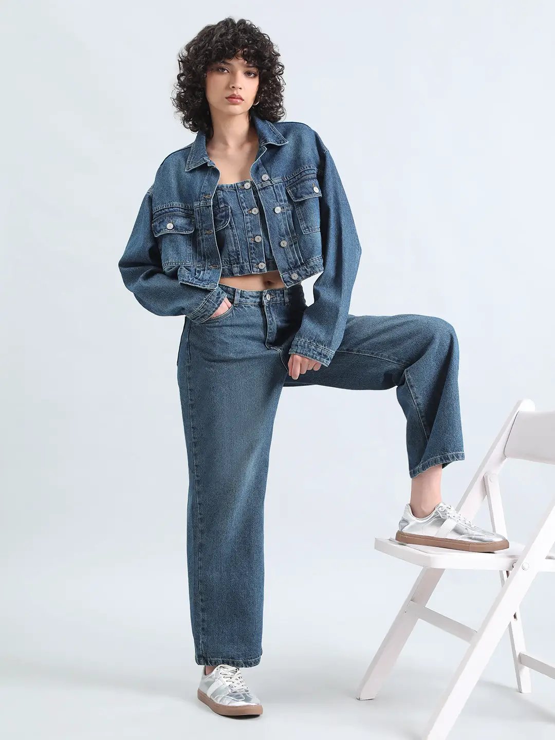 Women's Blue Denim Bustier Top and Jeans with Cropped Jacket Co-Ord Set