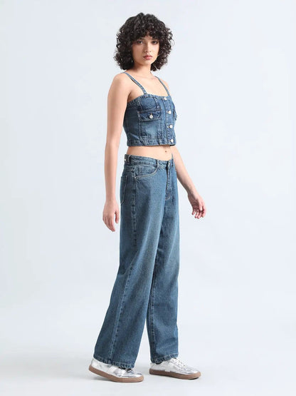 Women's Blue Denim Bustier Top and Jeans with Cropped Jacket Co-Ord Set