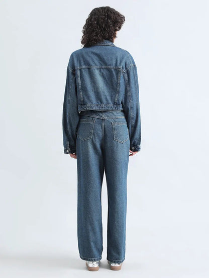 Women's Blue Denim Bustier Top and Jeans with Cropped Jacket Co-Ord Set