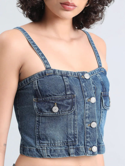 Women's Blue Denim Bustier Top and Jeans with Cropped Jacket Co-Ord Set